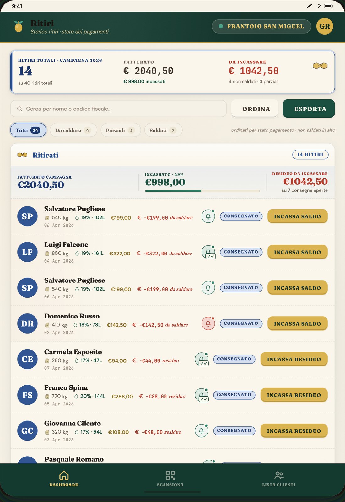 Lista ritiri e pagamenti