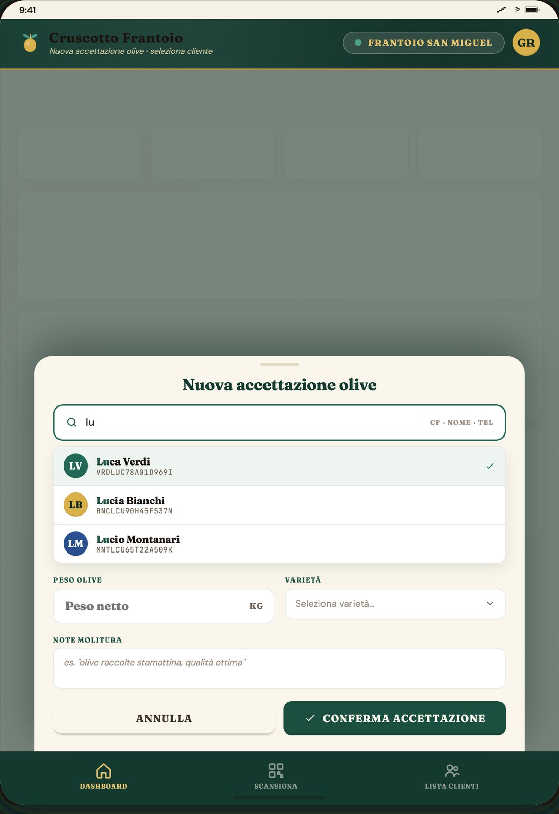 Nuova accettazione olive